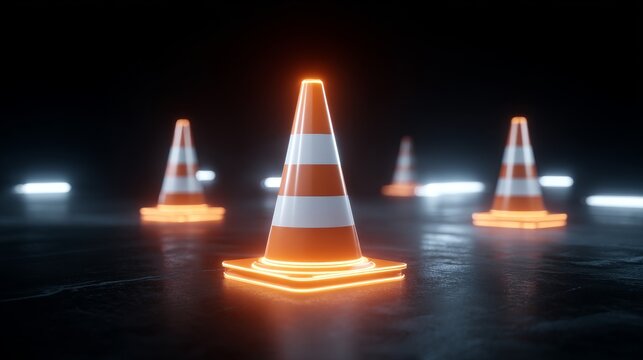 Illuminated traffic cones creating a striking effect on dark road asphalt.