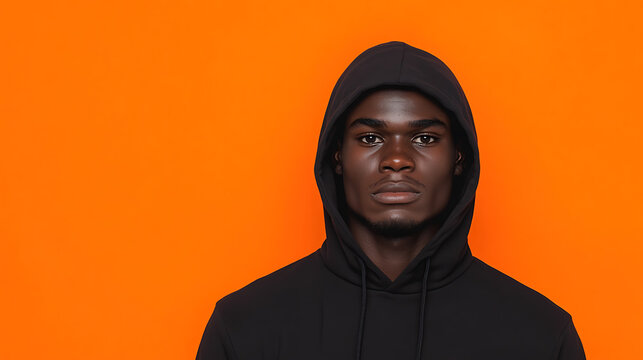 A person wearing a black hooded sweatshirt looks at the camera against a bright orange background. Focus on the face and upper body of the subject.