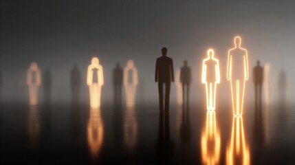 Silhouettes of illuminated figures create a mysterious and artistic atmosphere.