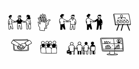 Hand-Drawn Doodle Set of Business Meetings, Teamwork, and Partnership Icons