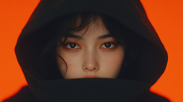 Intense Gaze: Portrait of a person with piercing eyes, framed by dark hair and a deep black hood, set against a vibrant orange backdrop. Mysterious and captivating.
