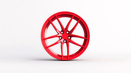 Bright red automotive wheel featuring a complex, stylized spoke design. Sleek and modern, it suggests speed and style. Studio shot against a white background.