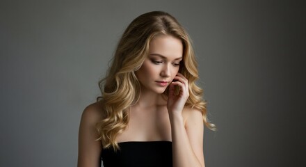 Fototapeta premium Pensive Blonde Woman in Black Dress on Gray Background