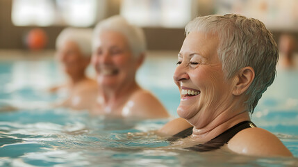 Fototapeta premium Senior women enjoying water aerobics. Active lifestyle and community engagement are essential for a healthy retirement. Exercise keeps you young.