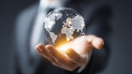 A businessperson holds a glowing globe, symbolizing global connections and opportunities.