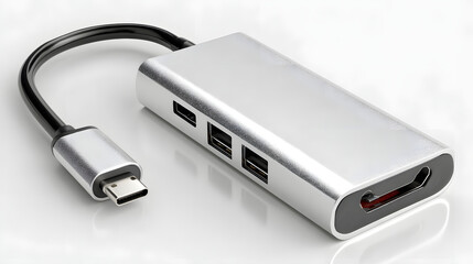 Fototapeta premium Aluminum USB C hub with multiple ports, including HDMI and USB, modern design, compact, portable, suitable for office or home workspace, technology accessory