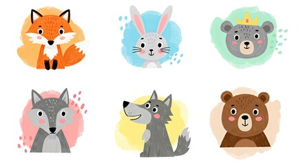 Cute cartoon animals featuring fox, rabbit, wolf, and bear  