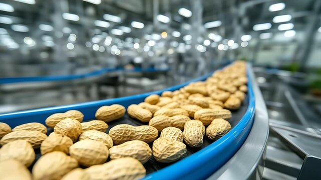 Close-up of raw peanuts rolling smoothly along a stainless steel conveyor belt, their textured shells catching the factory&rsquo;s bright industrial lighting, evoking fresh harvest and f