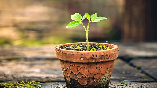 A small green plant sprouting from a cracked terracotta pot on a weathered wooden surface