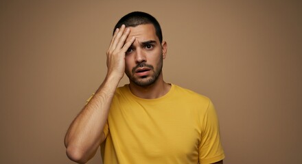 Obraz premium Worried Man in Yellow Shirt Holds Head on Brown Background