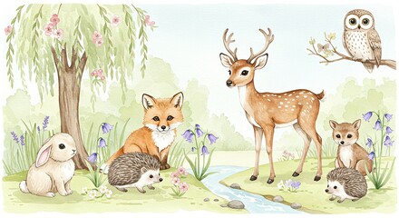 Naklejka premium Cute woodland animals gathered by a stream surrounded by flowers 