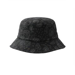 Black paisley patterned bucket hat, unisex streetwear accessory, casual fashion headwear for urban style, summer outfit, branding, lookbooks or ecommerce product display