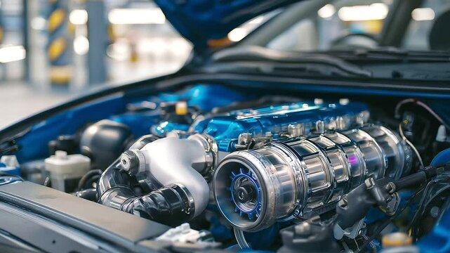 Close-up view of a car engine with polished metal pistons, turbocharger compressor housing, connected hoses, belts and wiring looms, emphasizing automotive engineering and maintena