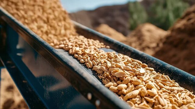 Close-up shot capturing the tactile, rough texture of raw groundnuts on a conveyor belt, set against the backdrop of harvested peanut piles, conveying agricultural origin.