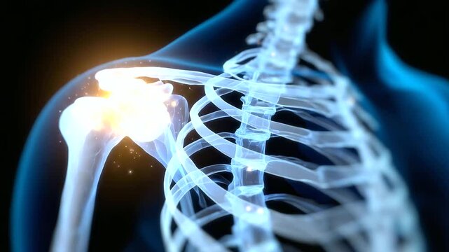 Cross-sectional medical drawing of shoulder joint with glowing highlights over pain regions and detailed rotator cuff structures. Educational annotations for orthopedic therapy, an