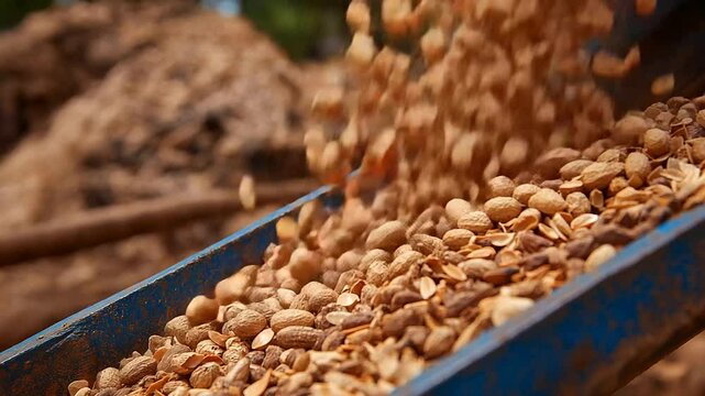 Detailed macro shot of raw groundnuts moving on a conveyor belt, shells showing natural brown hues and rough texture, background filled with piles of harvested peanuts.