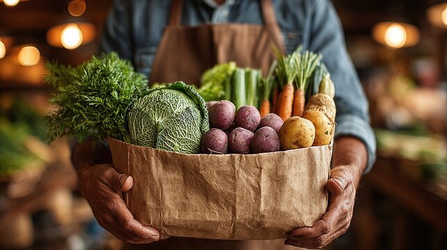 Harvested bounty: Fresh, locally sourced produce in a paper bag, carried by a farmer. Healthy eating and supporting local agriculture.