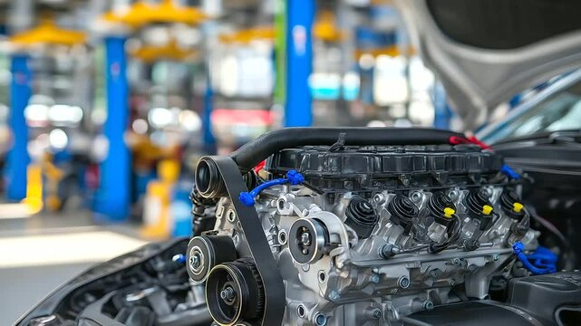 Detailed shot of the engine&rsquo;s mechanical heart with cylinders and pistons in focus, surrounded by serpentine belts, electrical wiring, and coolant hoses, representing car maintenan