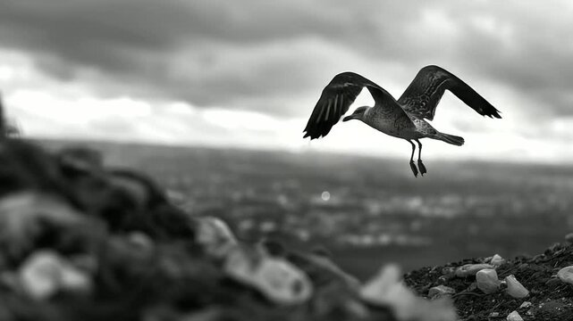 Dramatic composition of a seagull silhouetted against a vast landfill pile, plastic bags fluttering in the breeze, symbolizing wildlife&rsquo;s resilience amid growing pollution and habi