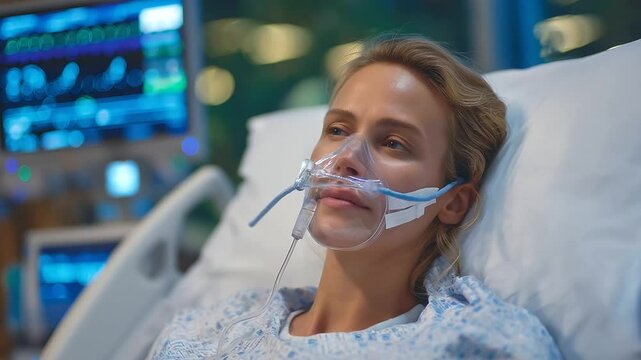 Female patient&rsquo;s serene face beneath a clear oxygen mask, monitors beep rhythmically nearby, IV drip gently feeding medication. The scene radiates quiet resilience and medical vigi