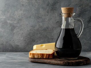A glass bottle of balsamic vinegar with cork stopper sits on a wooden board alongside sliced bread and a block of Swiss cheese against a textured gray background.