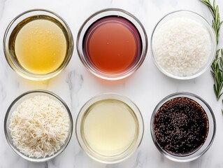 Six bowls of various rice types and liquids, including white and black rice, placed on a marble surface with a sprig of rosemary.