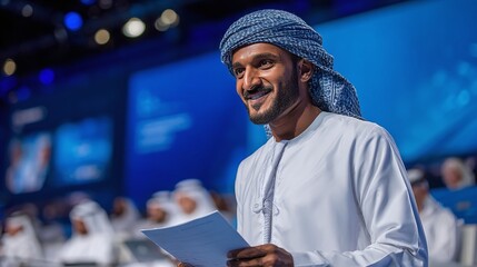 Person in traditional attire presenting at an event. His confident smile and poised posture convey leadership and expertise. Audience in background indicates significance.