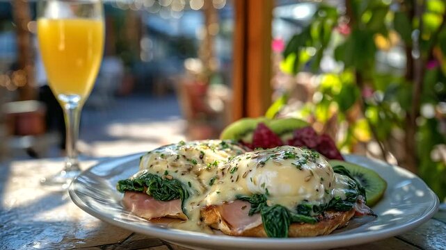 Gourmet eggs benedict with saut&eacute;ed spinach and truffle oil drizzle, accompanied by fresh papaya and kiwi slices. Light filters through tree leaves onto the patio, with a chilled gl