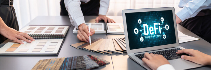 Decentralized finance or DeFi concept on brisk computer screen . The defi system give new choice of investment and money saving .