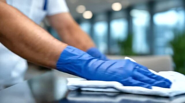 Hands protected by blue gloves applying firm pressure while wiping a conference table with microfiber cloth, emphasizing thorough cleaning and a pristine, germ-free meeting environ