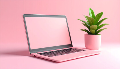Pink laptop and plant on pink background - workspace aesthetics concept