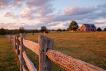 Traditional Split-Rail Wooden Fence Along Pastureland with Red Barn and Grazing Cows at Golden Hour