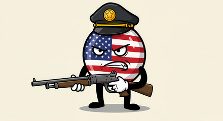 Naklejka premium Animated patriotic figure with American flag design, holding a rifle, showing serious expression.