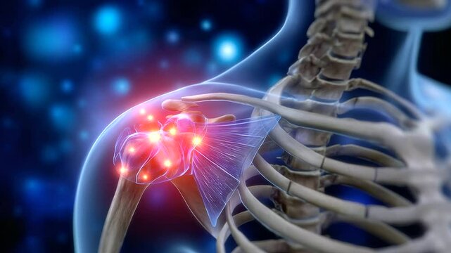 Labeled educational graphic of shoulder joint focusing on the labrum, glenoid cavity, and rotator cuff tears. Highlighted pain zones and tendon structure for anatomical clarity, pe