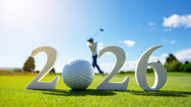 Golf 2026 new year concept with golf ball and golfer swinging club on green course sunny blue sky background sport tournament championship season