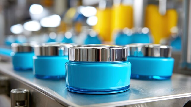 Cosmetic cream jars on a manufacturing conveyor belt showcase beauty production, quality assurance, and product consistency in a pristine factory environment.