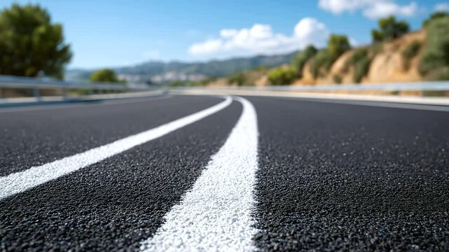 Low-angle view of a clean, empty asphalt road with crisp white divider lines. The matte-black surface contrasts sharply with the bright markings, suggesting the start of a long jou
