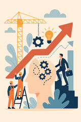 Naklejka premium Creative teamwork business growth concept. Joint construction, career success, personal development. Abstract head filled with ideas, gears, upward arrow, workers, innovation, leadership, progress