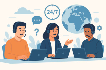 24/7 Customer Service Hotline Operators Consulting Clients with Headsets at Computers, Global Online Technical Support, Call Center Team, Call Processing System, Modern Flat Vector Illustration