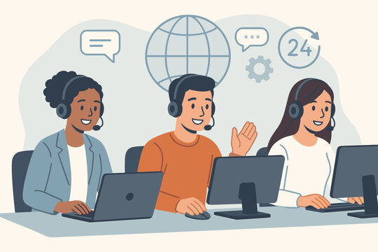 Global customer service hotline operators at call center with headsets, providing 24/7 online technical support, call processing, communication, teamwork, modern business, world map background