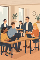 Diverse group of office workers collaborating in modern coworking space, teamwork at desks with laptops and computers, professional business communication, workplace discussion, data analysis