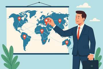 Global business expansion strategy, international company growth, open new branch offices worldwide, franchise locations, CEO planning, global market development, corporate network concept