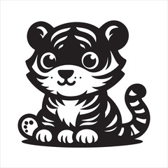 Fototapeta premium siting cute tiger Silhouette Vector Art, and Graphic, vector black color silhouette , solated white&nbsp;background 