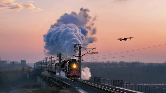 The steam locomotive chugs across the metal bridge at dusk, thick smoke swirling from its stack as the drone hovers above