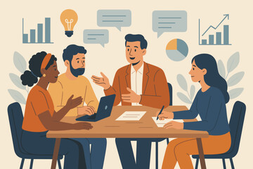 Business team meeting, office brainstorming session, diverse coworkers collaborating at conference table, data analysis, teamwork, corporate strategy, modern flat vector illustration