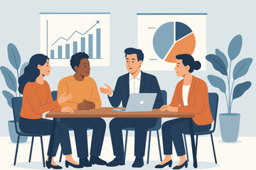 Business team meeting, group brainstorming session, collaborative discussion at conference table, data analysis, company analytics, teamwork, strategy planning, modern office vector illustration
