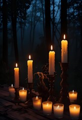 magic candles in fabulous night forest, natural background. mysterious fairy scene. witchcraft ritual. Samhain, Halloween holiday  |   Illustration
