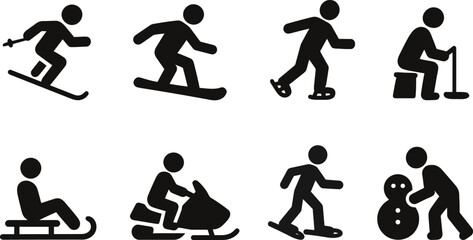 Winter sports solid icon set. Skiing, snowboarding, skating, sledding, snowmobiling, Ice fishing
