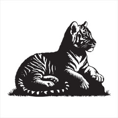 Fototapeta premium siting cute tiger Silhouette Vector Art, and Graphic, vector black color silhouette , solated white&nbsp;background 