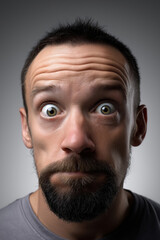 Obraz premium Man displaying surprise with wide eyes and facial expressions under studio lighting